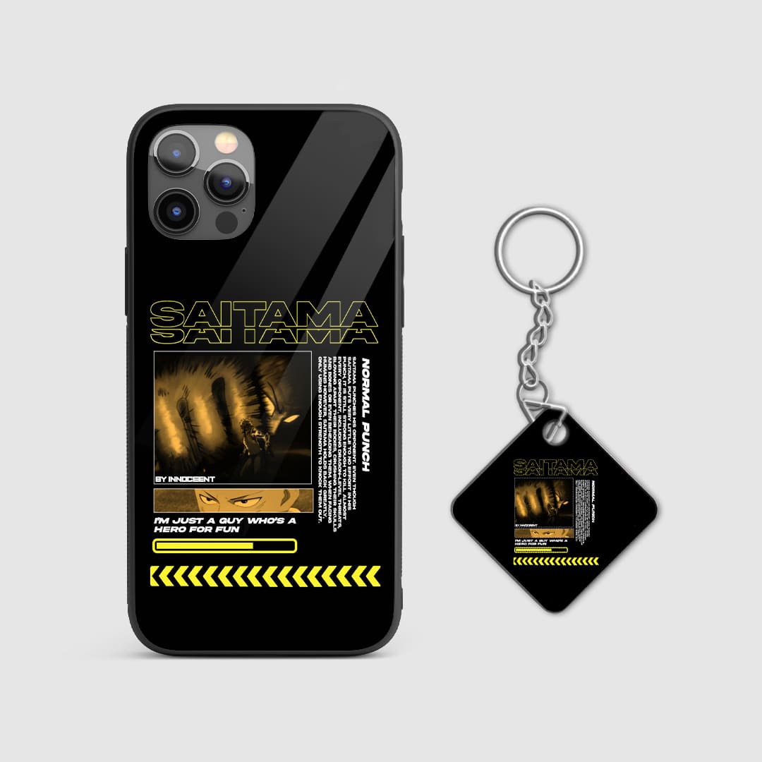 Dynamic punch design of Saitama from One Punch Man on a durable silicone phone case with Keychain.