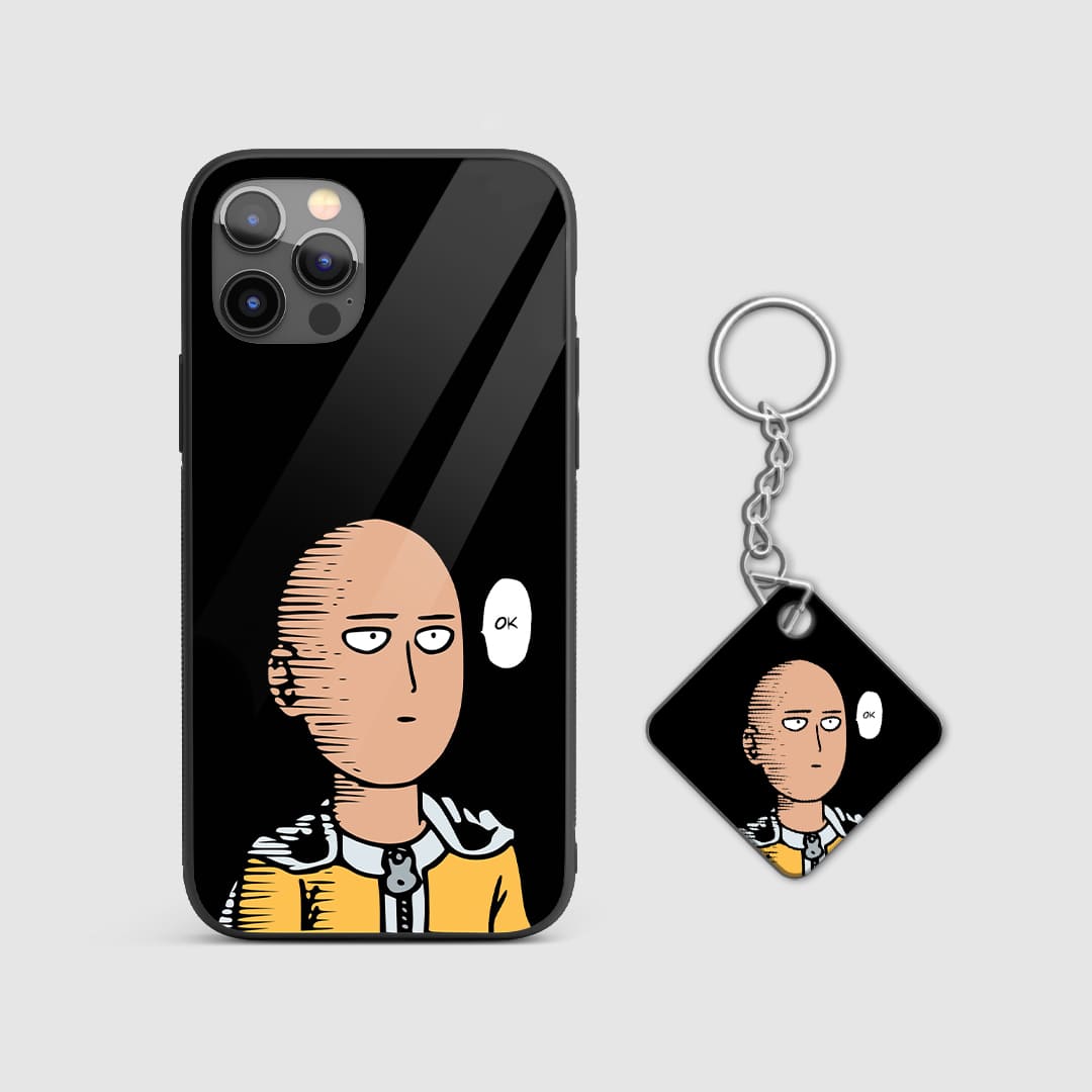 Humorous 'OK' expression design of Saitama from One Punch Man on a durable silicone phone case with Keychain.