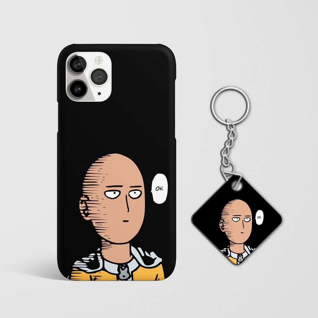 Close-up of Saitama’s "Ok" expression on phone case with Keychain.