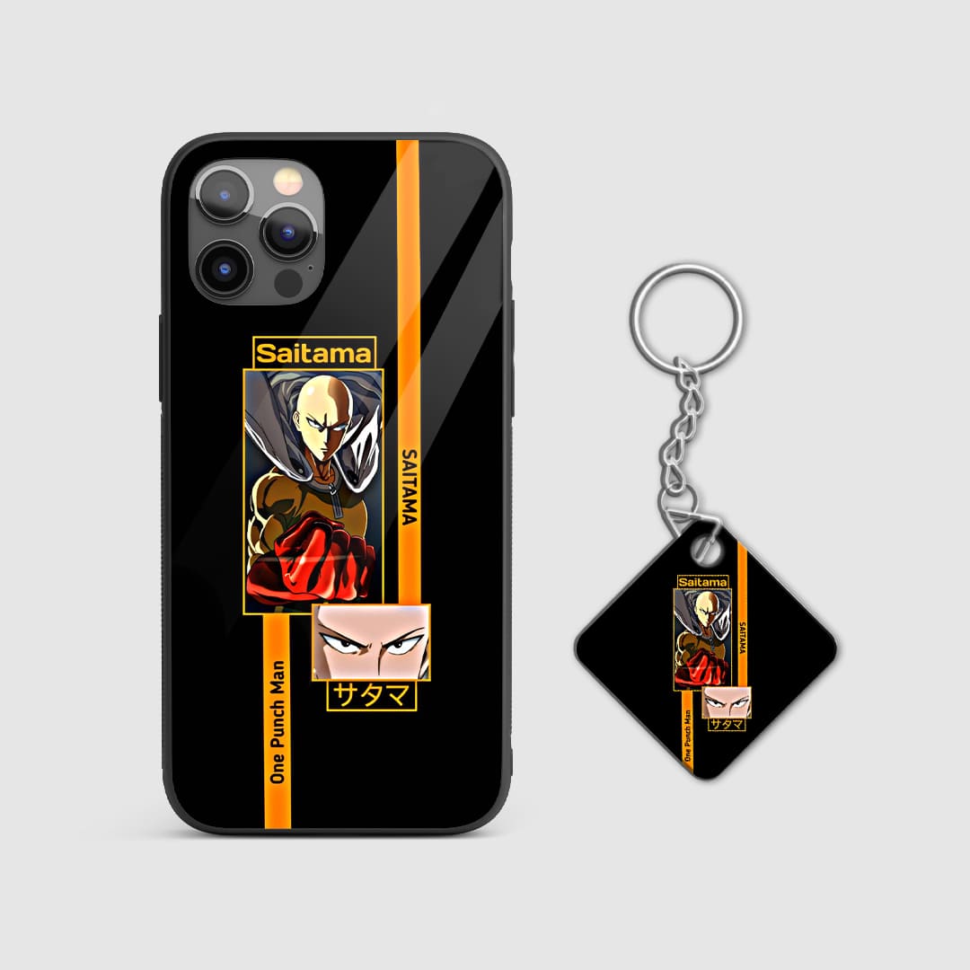 Dynamic design of Saitama from One Punch Man on a durable silicone phone case with Keychain.