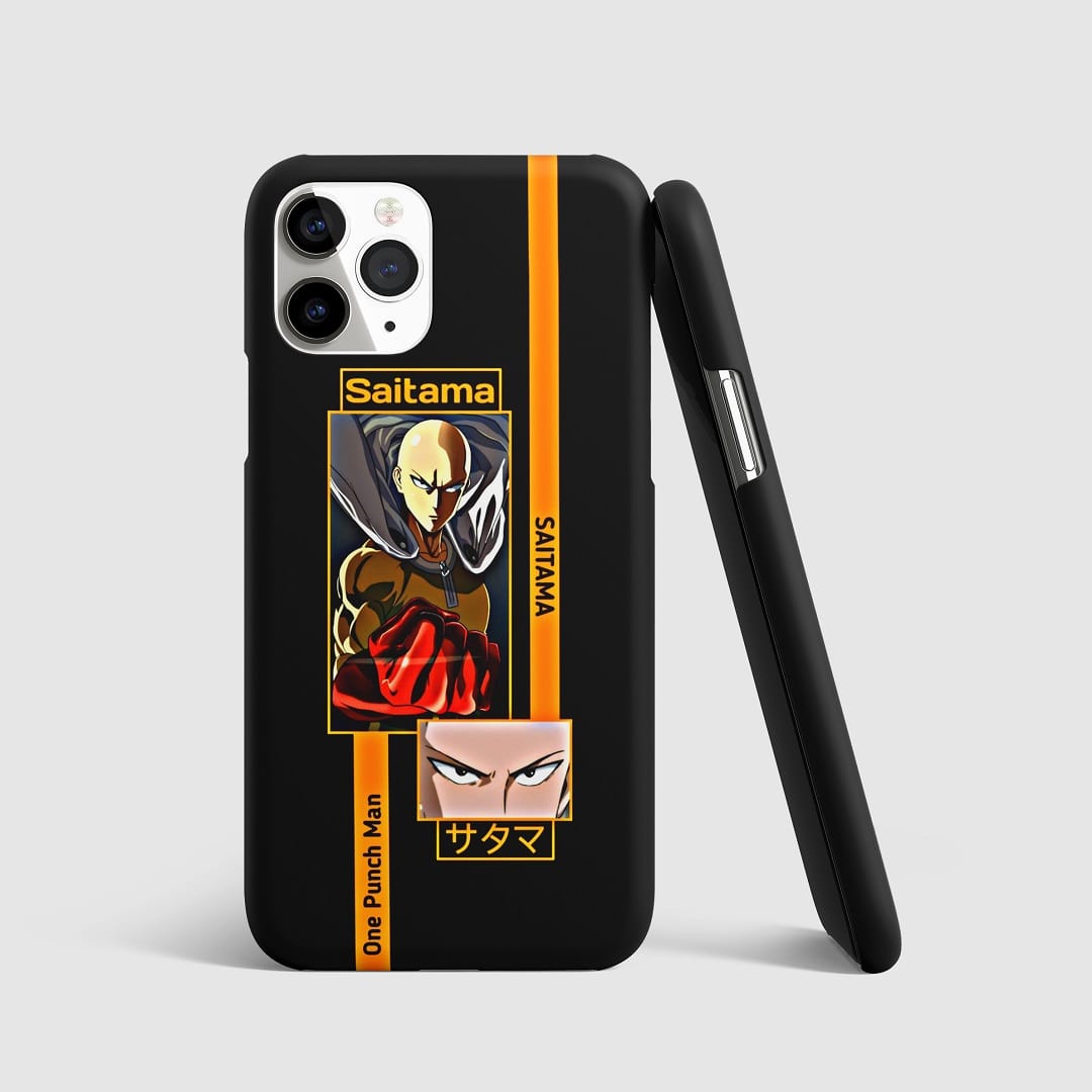 Striking artwork of Saitama from "One Punch Man" delivering a powerful punch on phone cover.