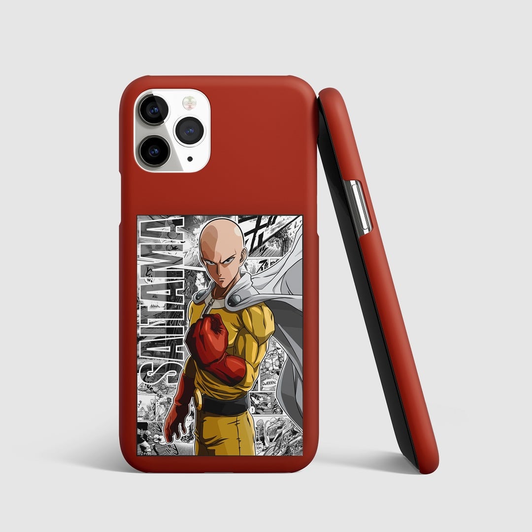 Striking artwork of Saitama from "One Punch Man" on phone cover.