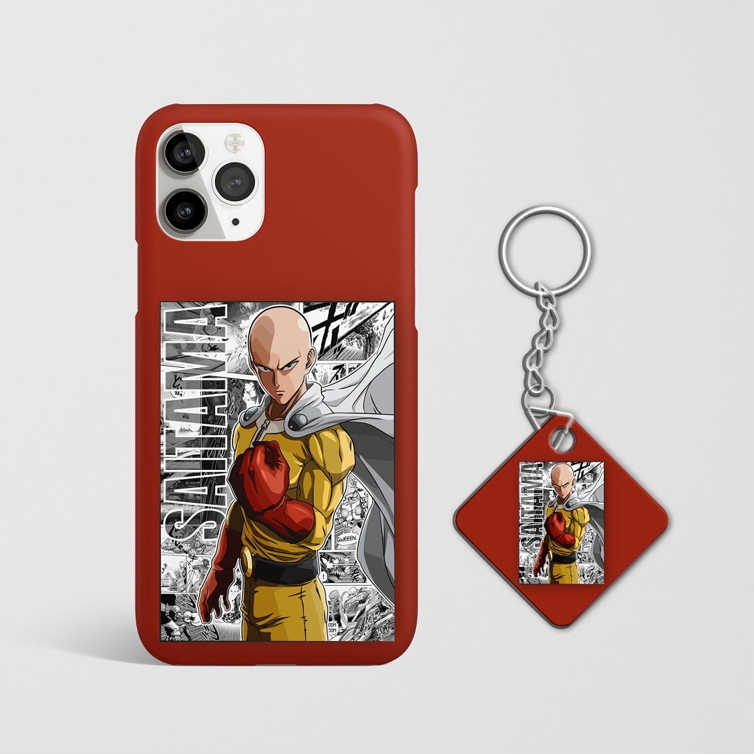 Close-up of Saitama’s intense expression on phone case with Keychain.