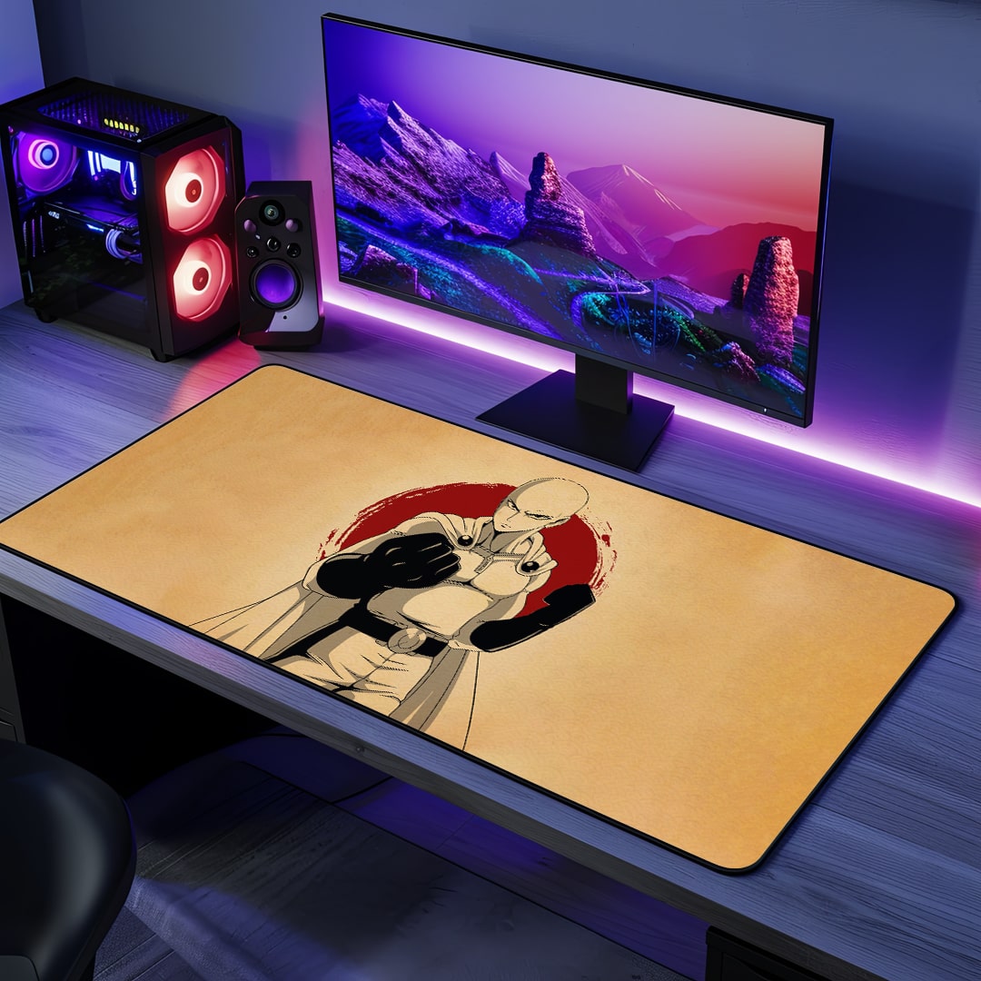 Saitama Punch Desk Mat with powerful action pose