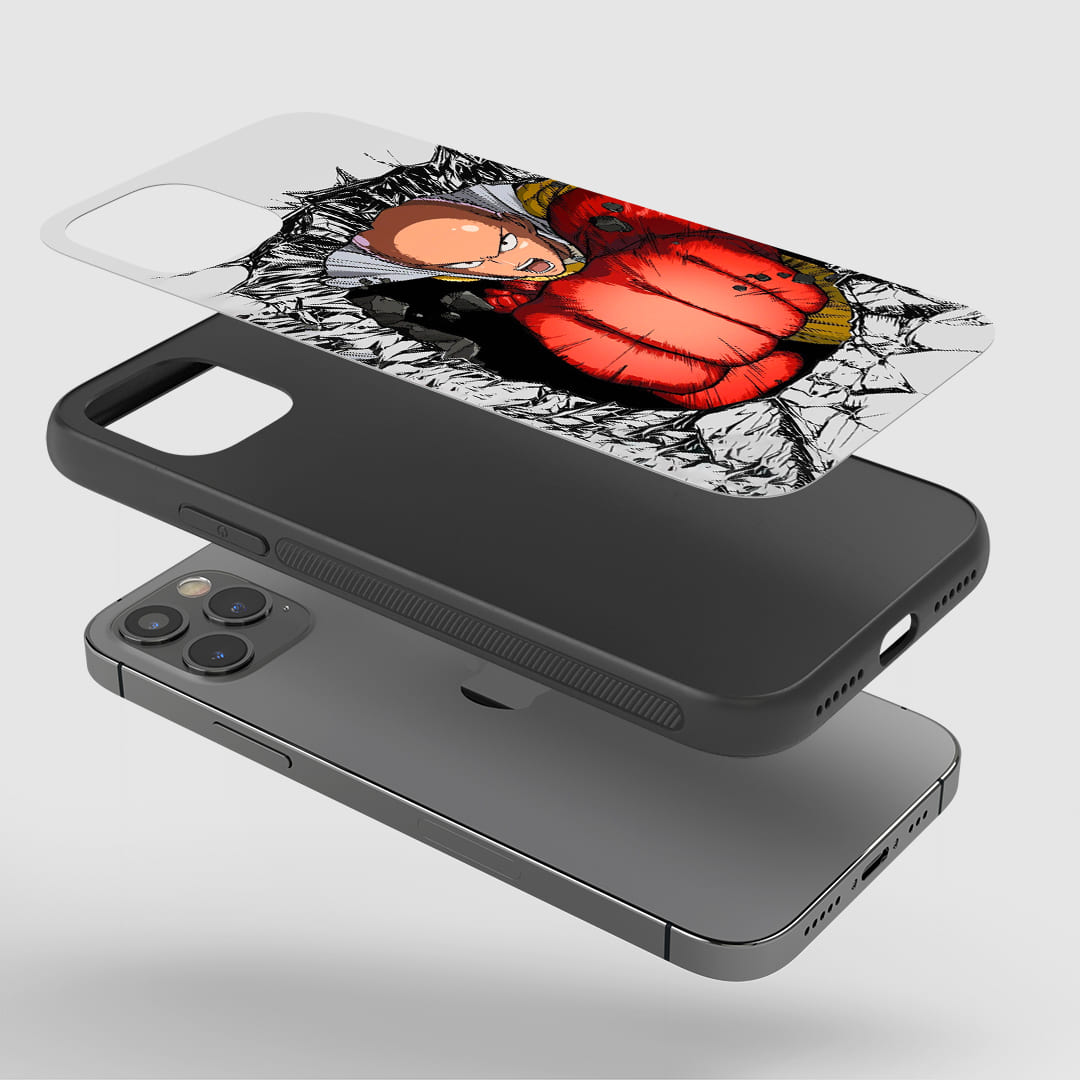 Saitama Punch Phone Case installed on a smartphone, offering robust protection and a dynamic design.