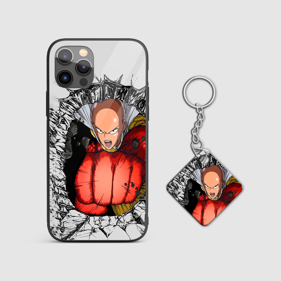 Dynamic punch design of Saitama from One Punch Man on a durable silicone phone case with Keychain.
