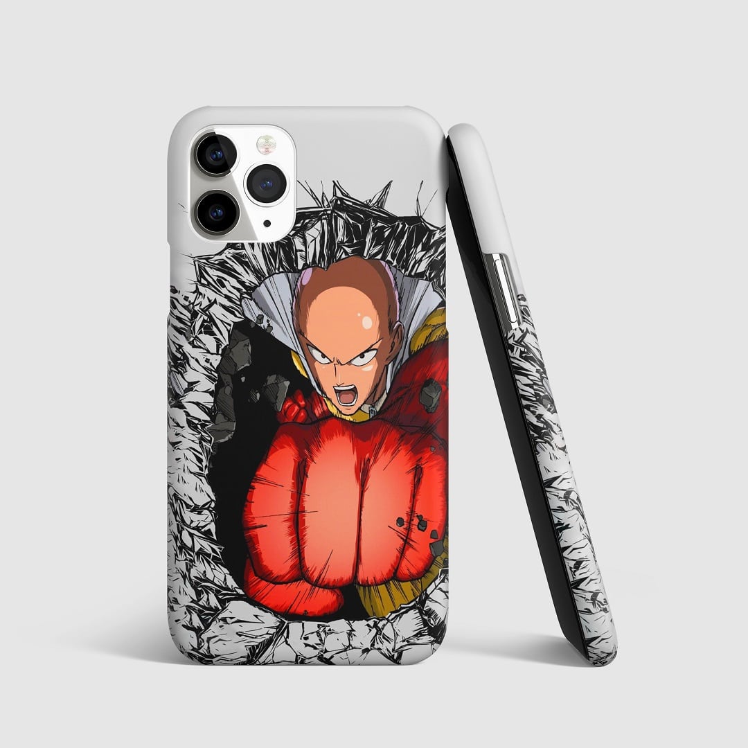 Dynamic artwork of Saitama from "One Punch Man" delivering a punch on phone cover.