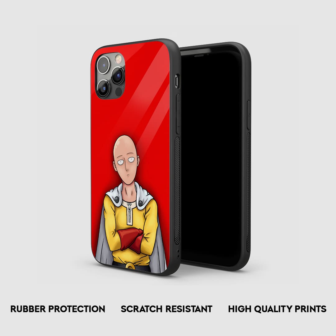 Side view of the Saitama Red Armored Phone Case, highlighting its thick, protective silicone material.