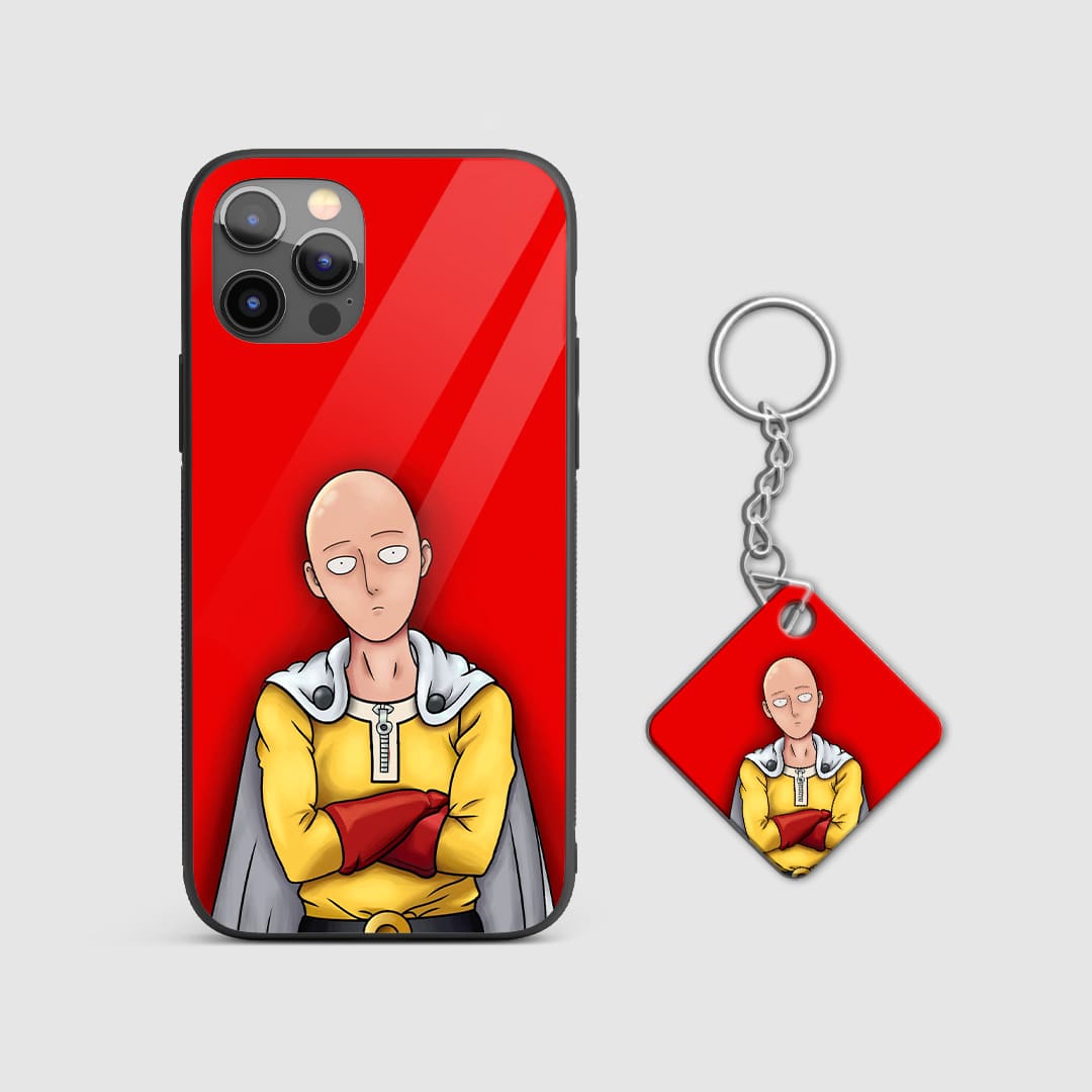 Dynamic red design of Saitama from One Punch Man on a durable silicone phone case with Keychain.