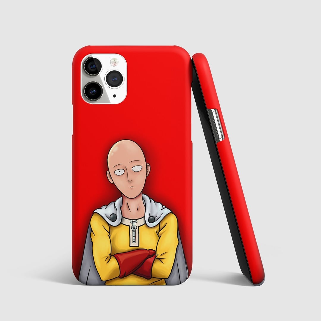 Striking red-themed artwork of Saitama from "One Punch Man" on phone cover.