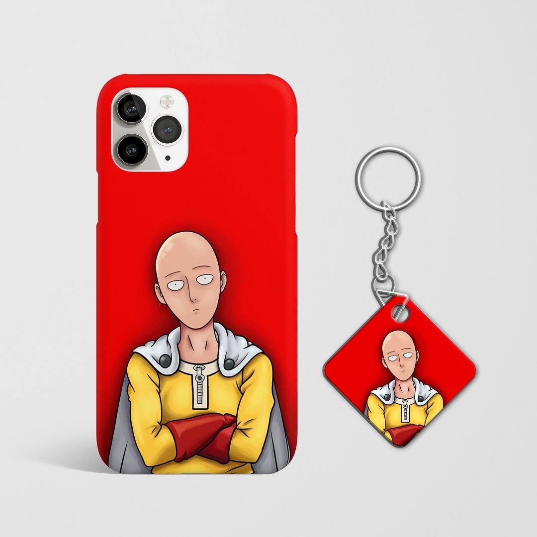 Close-up of Saitama’s determined expression on red phone case with Keychain.
