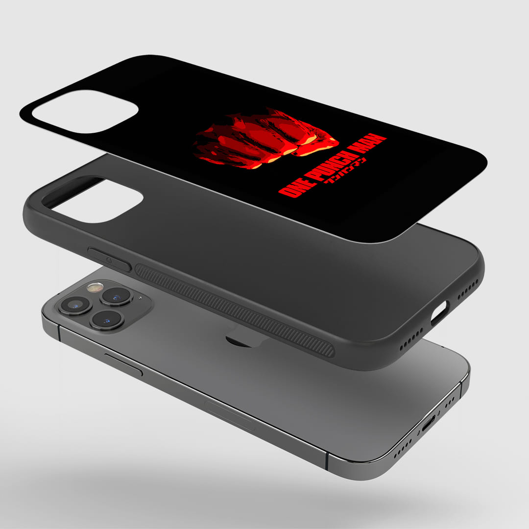Saitama Red Punch Phone Case installed on a smartphone, offering robust protection and a dynamic design.