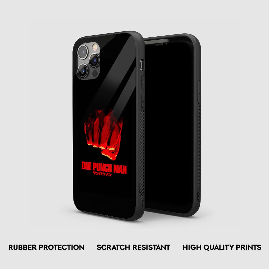 Side view of the Saitama Red Punch Armored Phone Case, highlighting its thick, protective silicone material.
