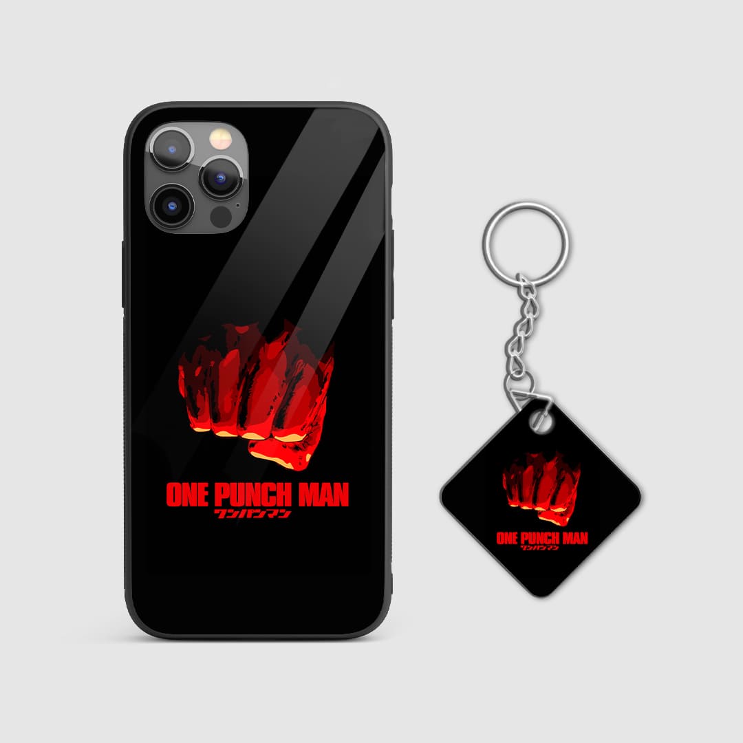 Dynamic red punch design of Saitama from One Punch Man on a durable silicone phone case with Keychain.