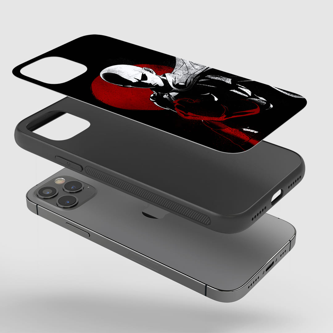 Saitama Red & Black Phone Case installed on a smartphone, offering robust protection and a dynamic design.