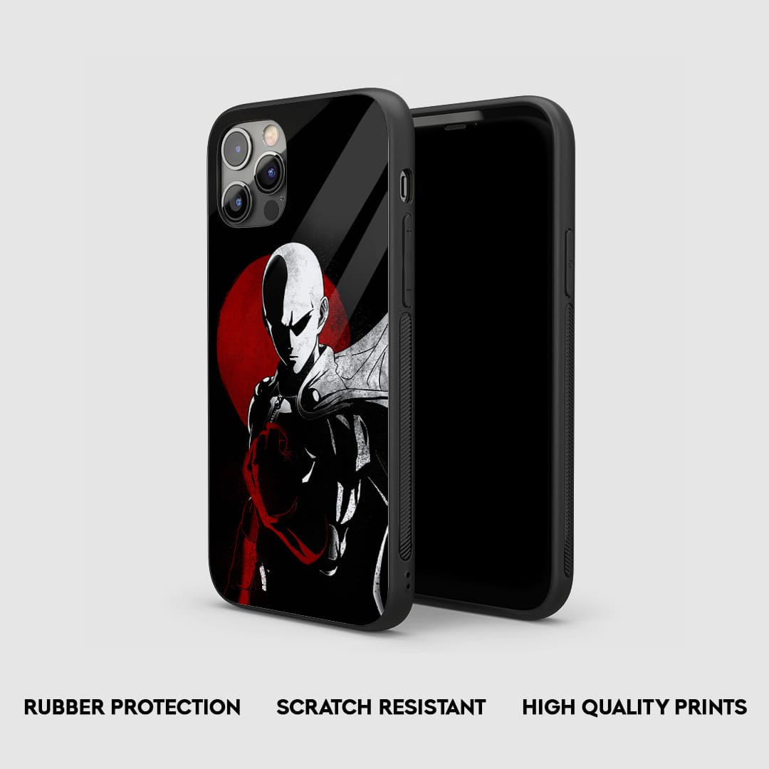 Side view of the Saitama Red & Black Armored Phone Case, highlighting its thick, protective silicone material.