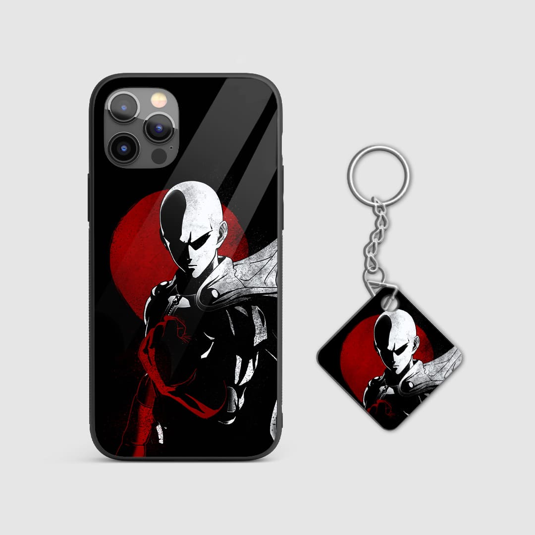 Dynamic red and black design of Saitama from One Punch Man on a durable silicone phone case with Keychain.