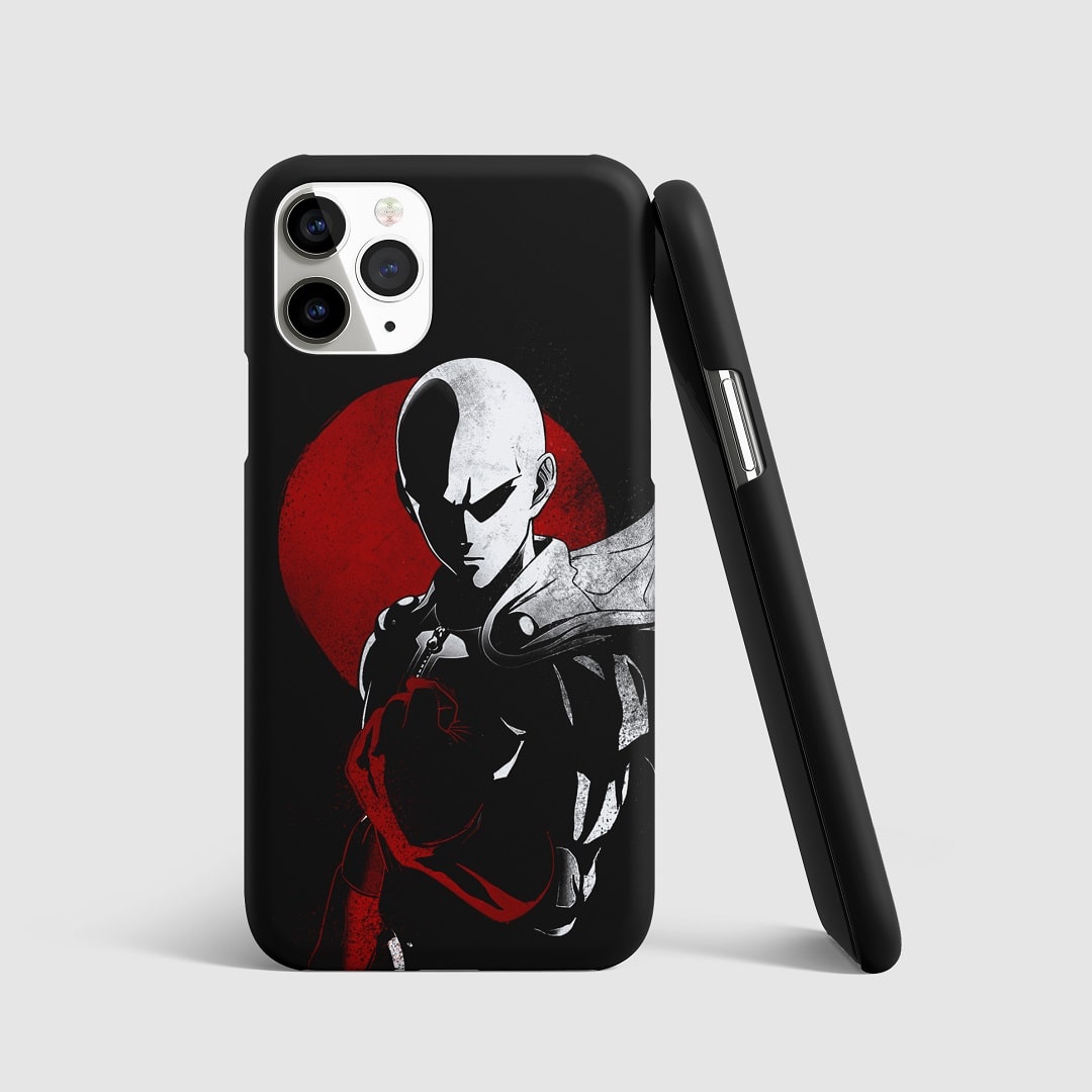 Striking artwork of Saitama from "One Punch Man" against a red and black background on phone cover.