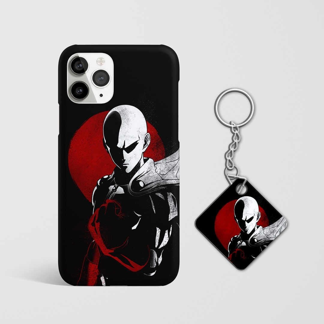 Close-up of Saitama’s intense expression on red and black phone case with Keychain.