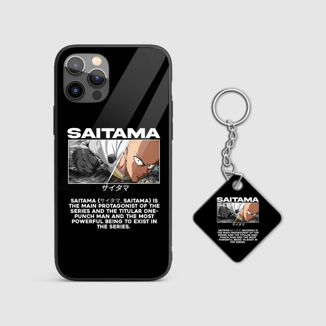 Unique synopsis design of Saitama from One Punch Man on a durable silicone phone case with Keychain.