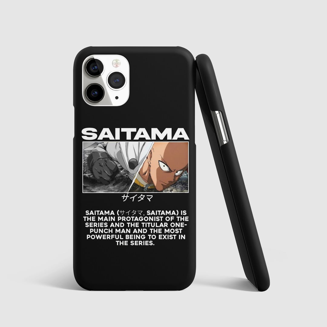 Detailed artwork of Saitama from "One Punch Man" on phone cover.