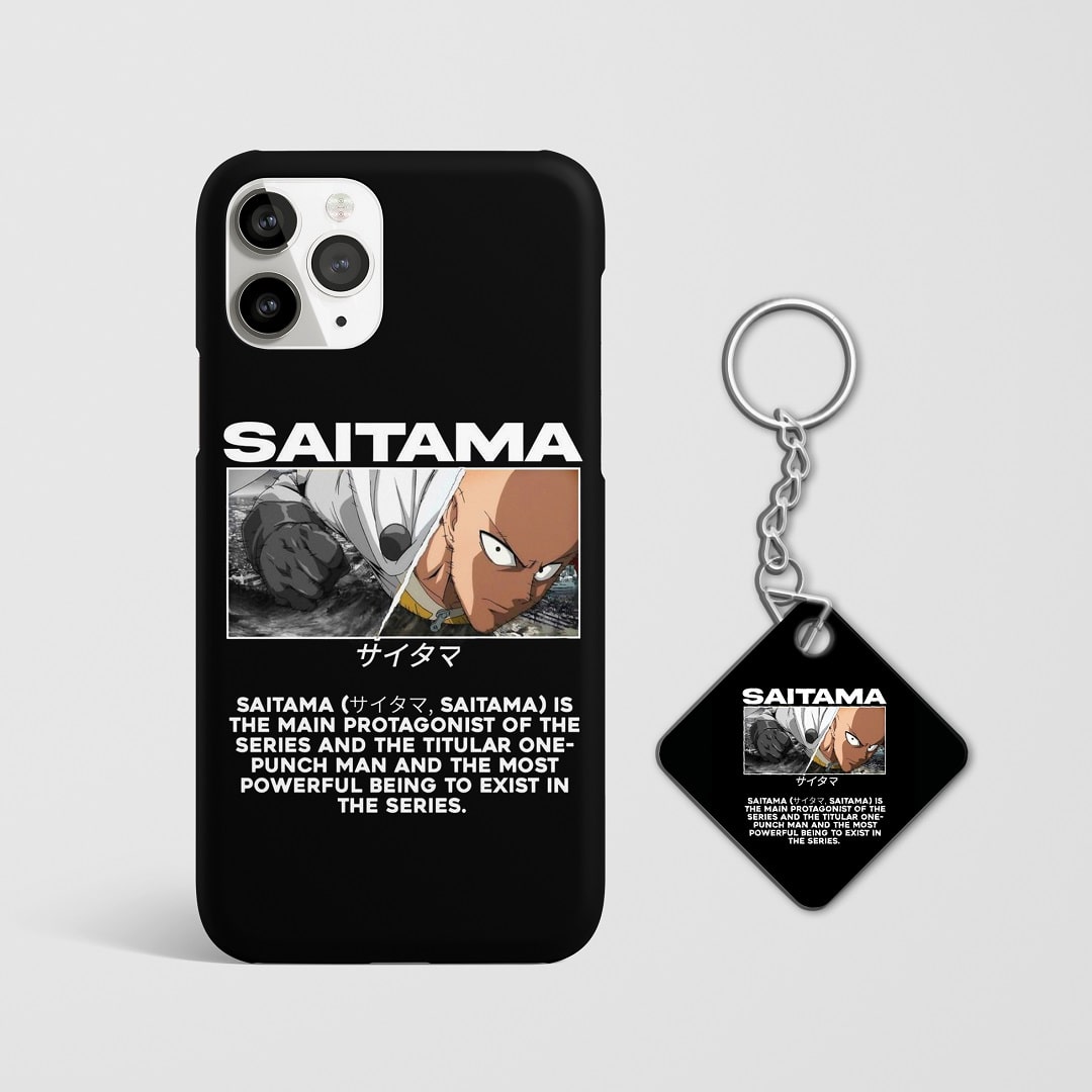 Close-up of Saitama’s heroic journey depicted on phone case with Keychain.