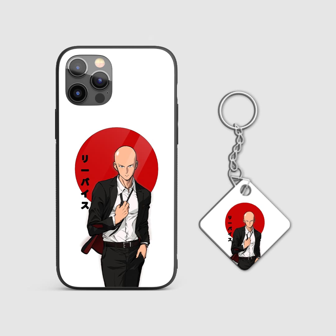 Dynamic white and red design of Saitama from One Punch Man on a durable silicone phone case with Keychain.