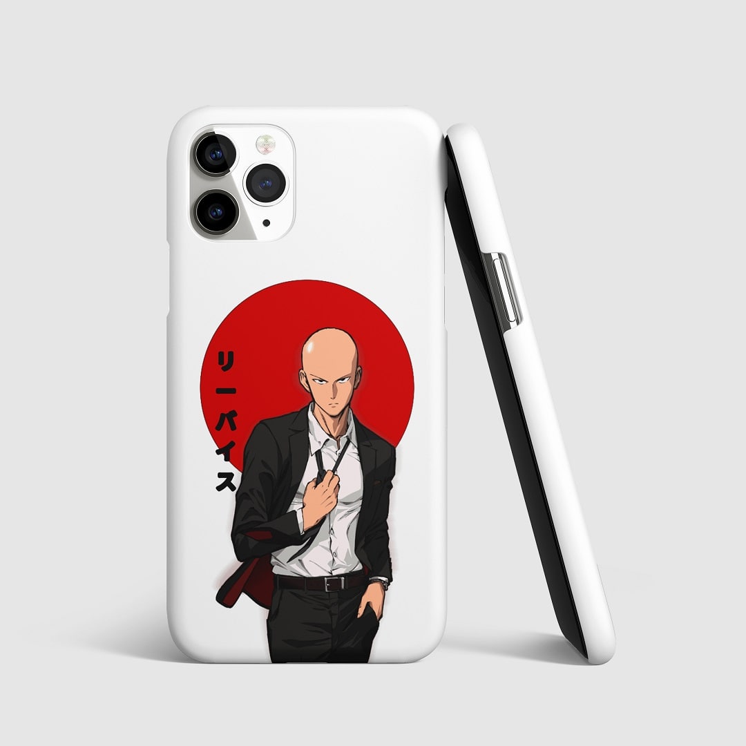 Striking white and red artwork of Saitama from "One Punch Man" on phone cover.