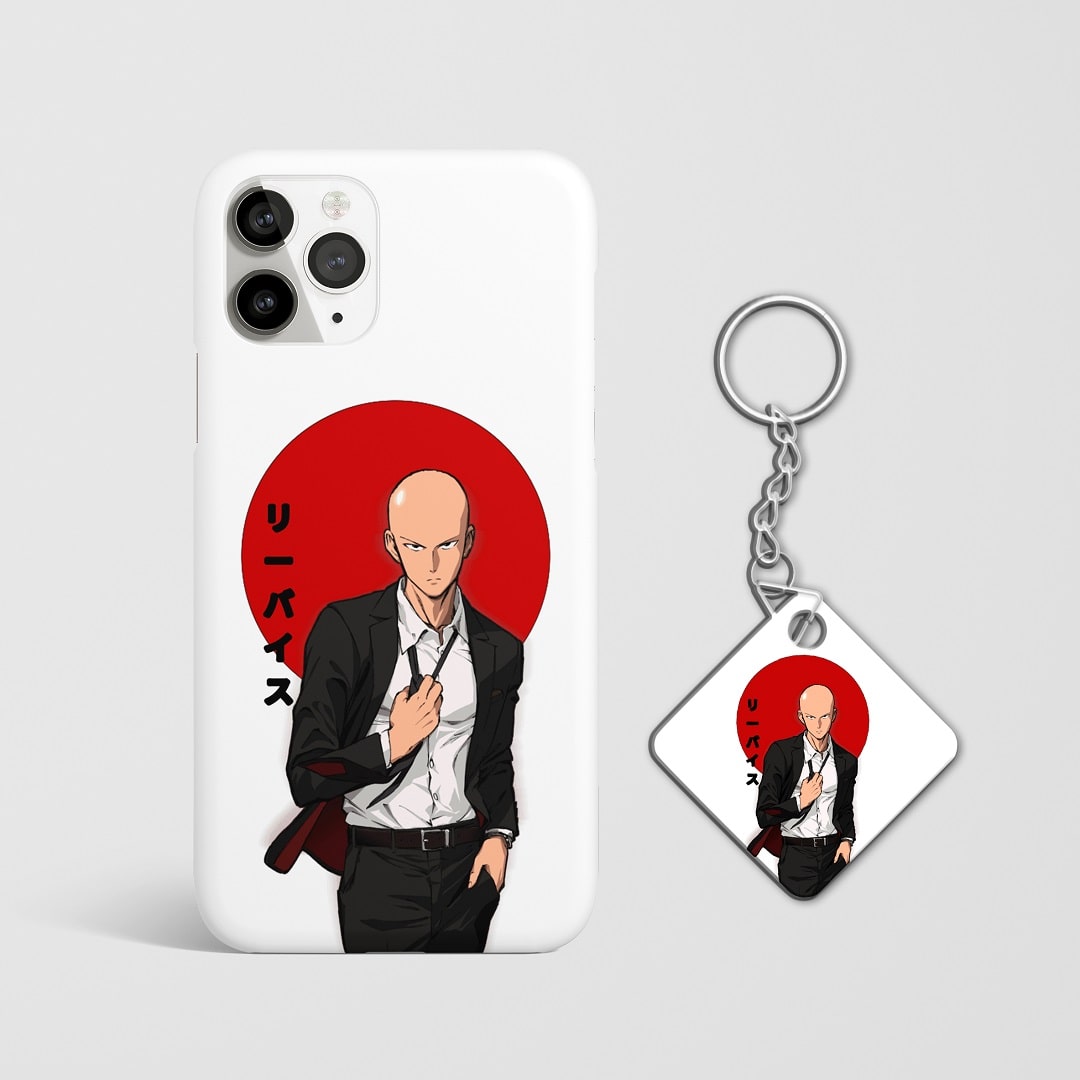 Close-up of Saitama’s determined expression on white and red phone case with Keychain.