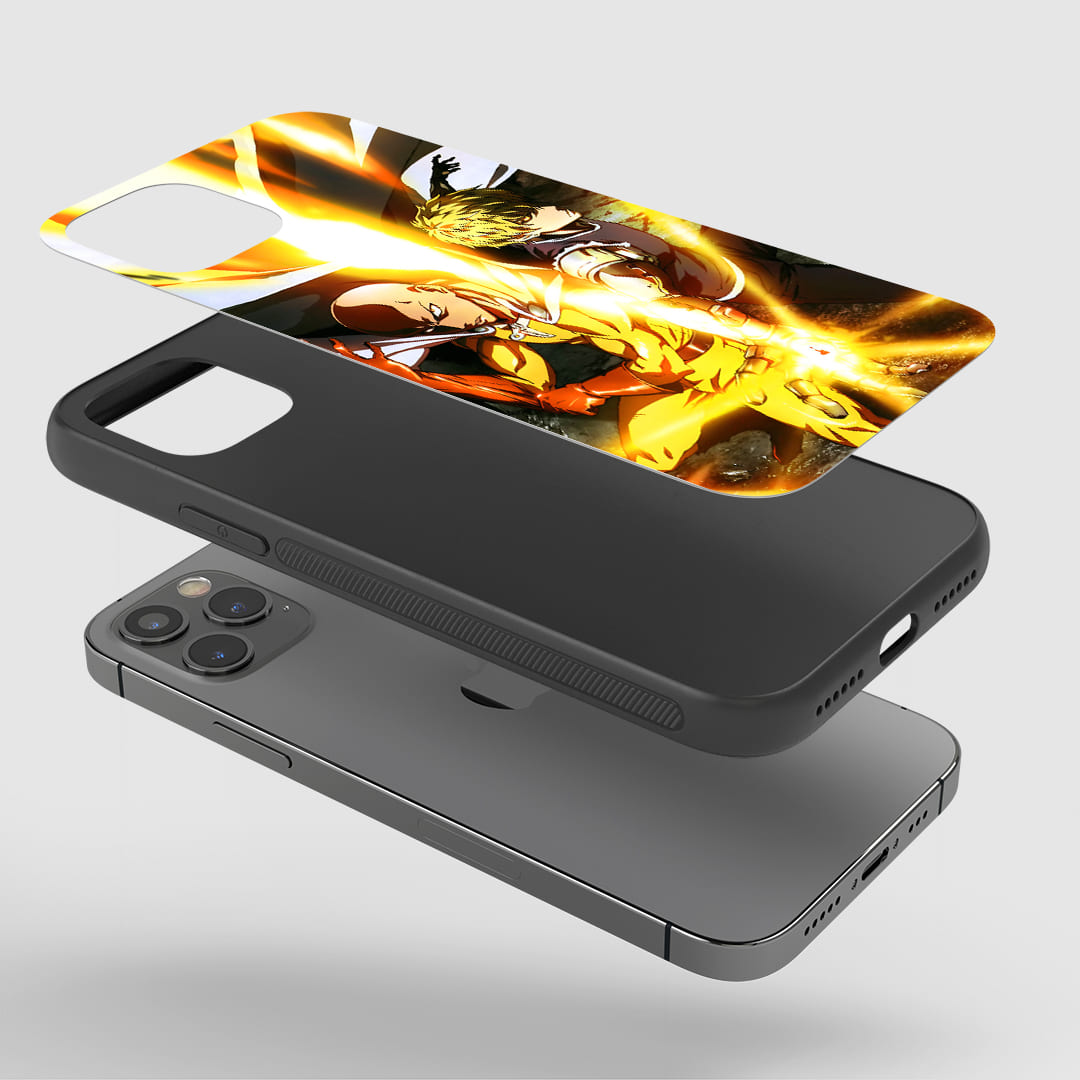 Saitama and Genos Phone Case installed on a smartphone, offering robust protection and a dynamic design.