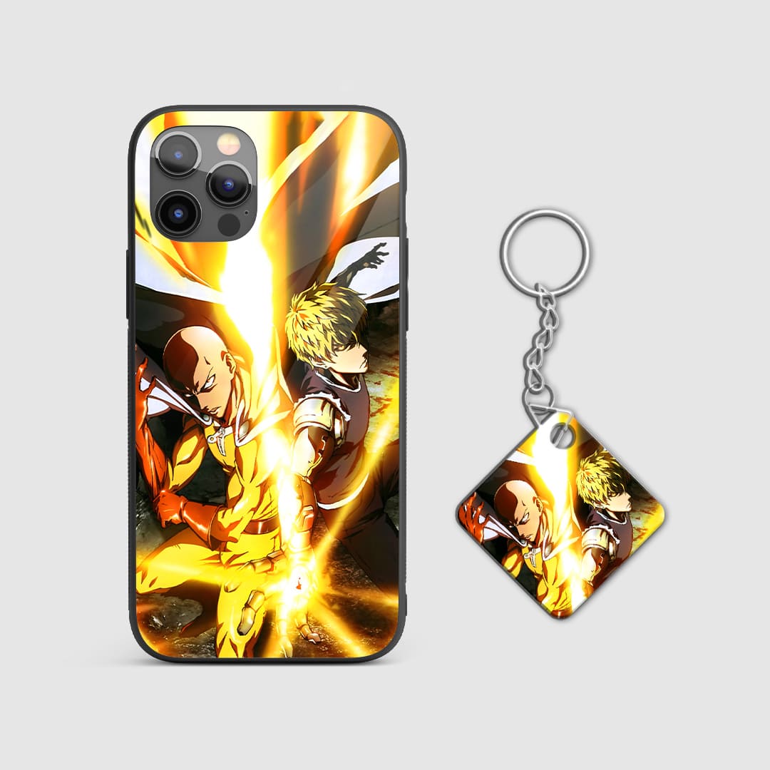 Dynamic action design of Saitama and Genos from One Punch Man on a durable silicone phone case with Keychain.