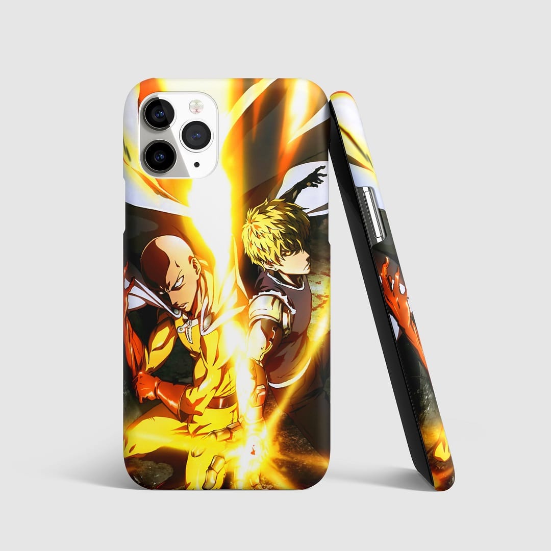 Striking artwork of Saitama and Genos from "One Punch Man" on phone cover.