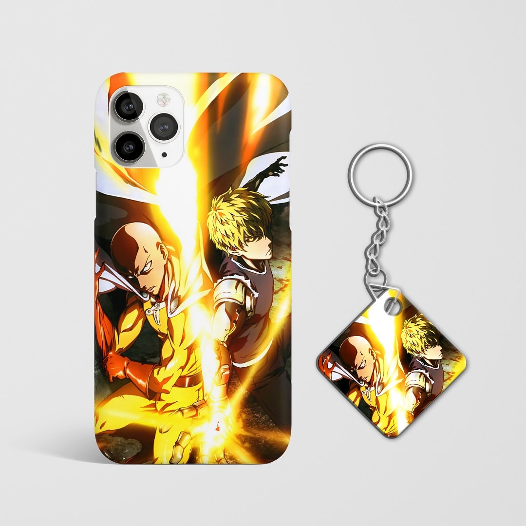 Close-up of Saitama and Genos in action pose on phone case with Keychain.