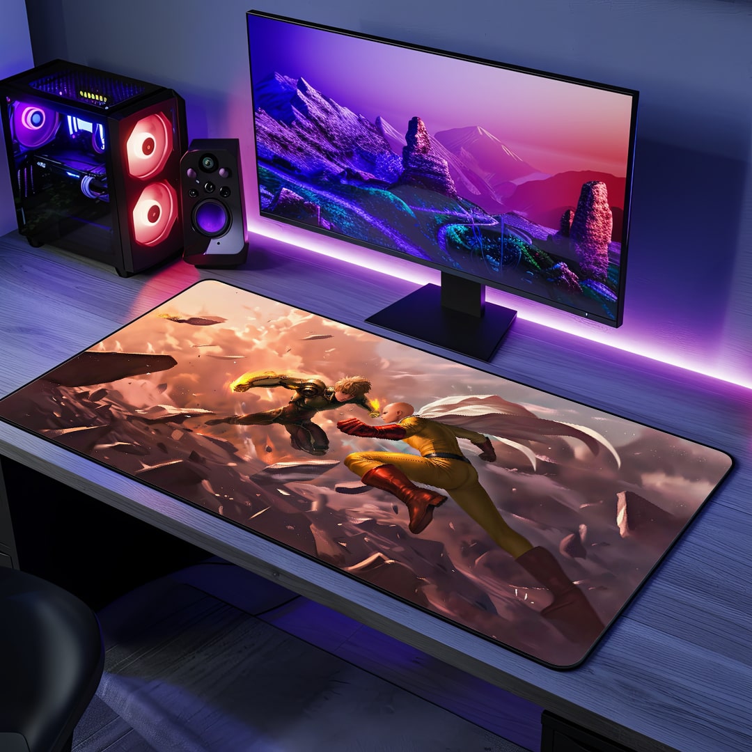 Saitama vs Genos Desk Mat with dynamic anime artwork