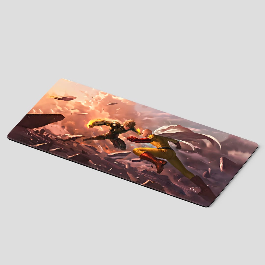 Epic Saitama and Genos battle scene desk mat

