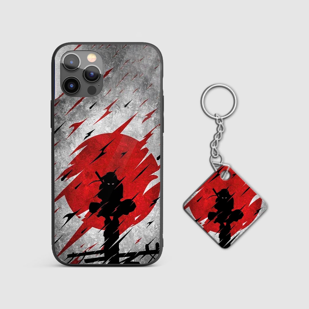 Close-up of the Uchiha crest on the Sasuke Clan armored phone case with Keychain.