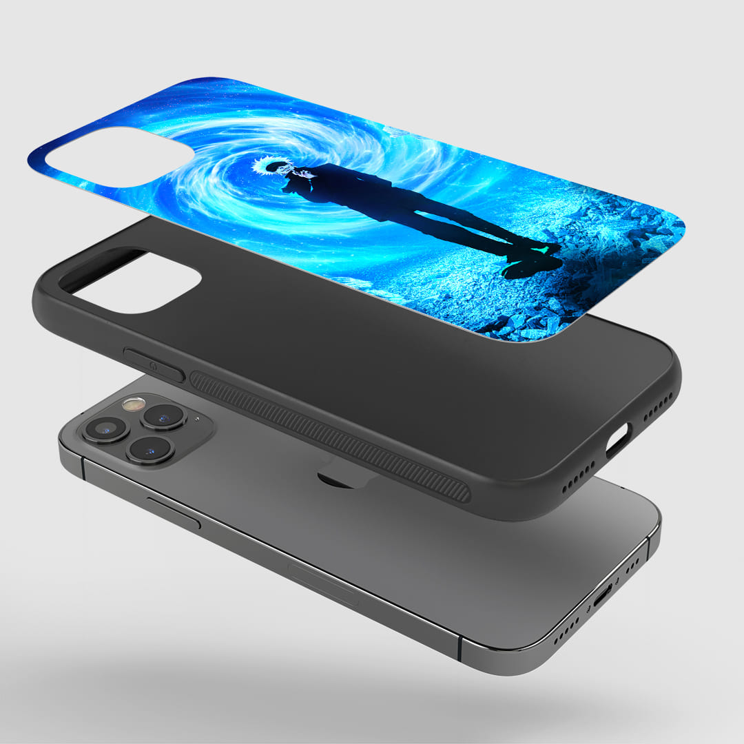 Satoru Blue Phone Case installed on a smartphone, ensuring easy access to all ports and controls.