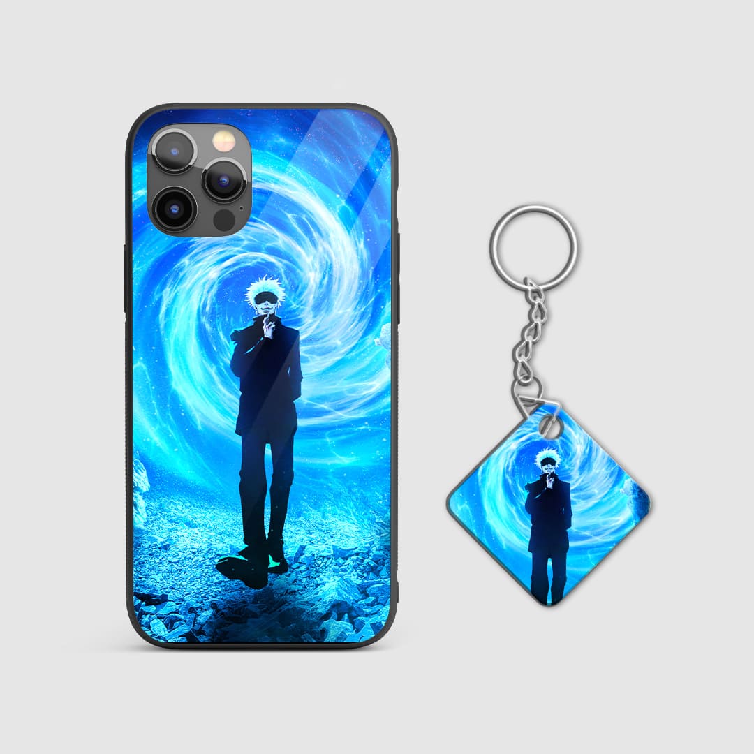 Artistic and cool portrayal of Satoru Gojo’s eyes on a vibrant blue silicone armored phone case with Keychain.