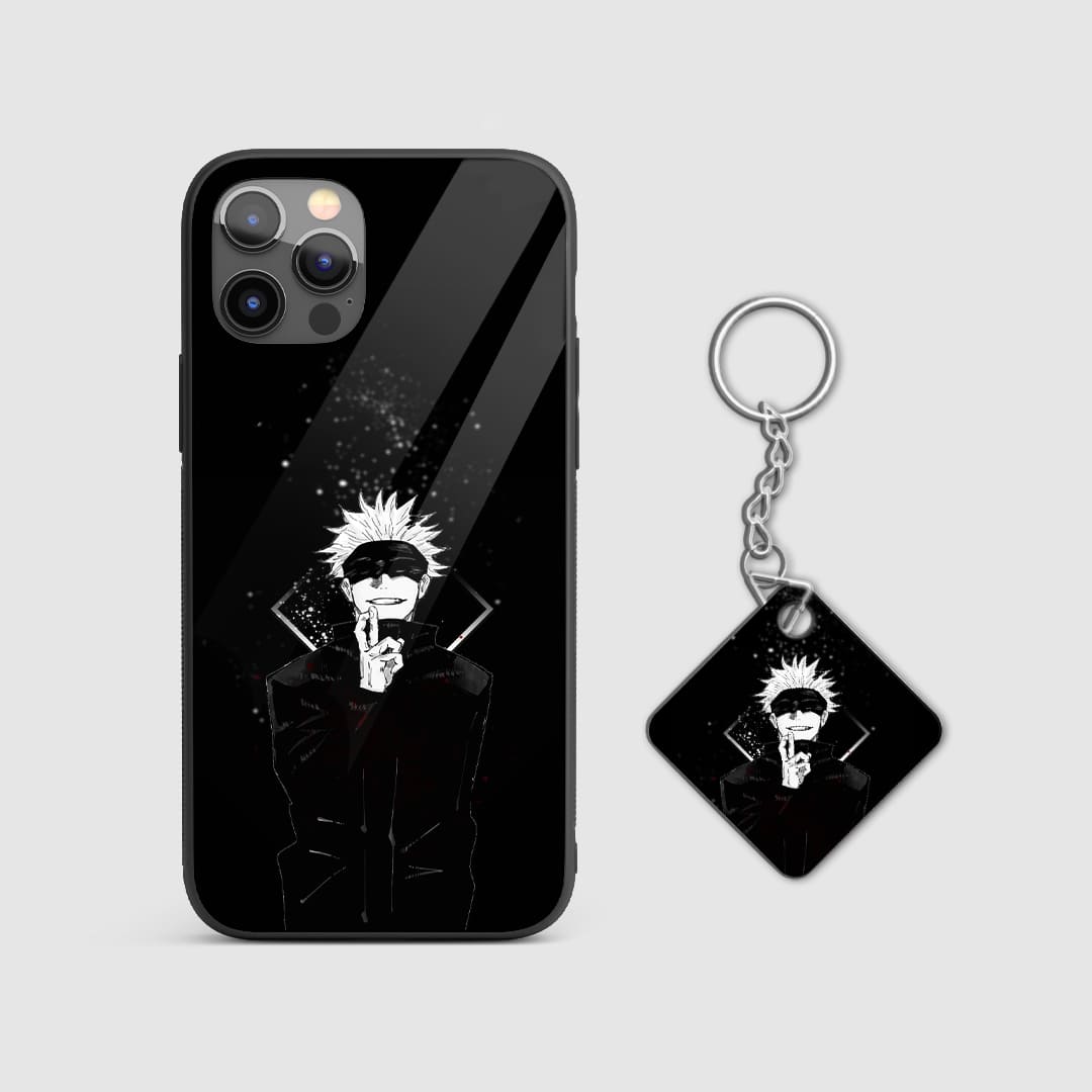 Elegant and understated depiction of Satoru Gojo on a sleek black silicone armored phone case with Keychain.