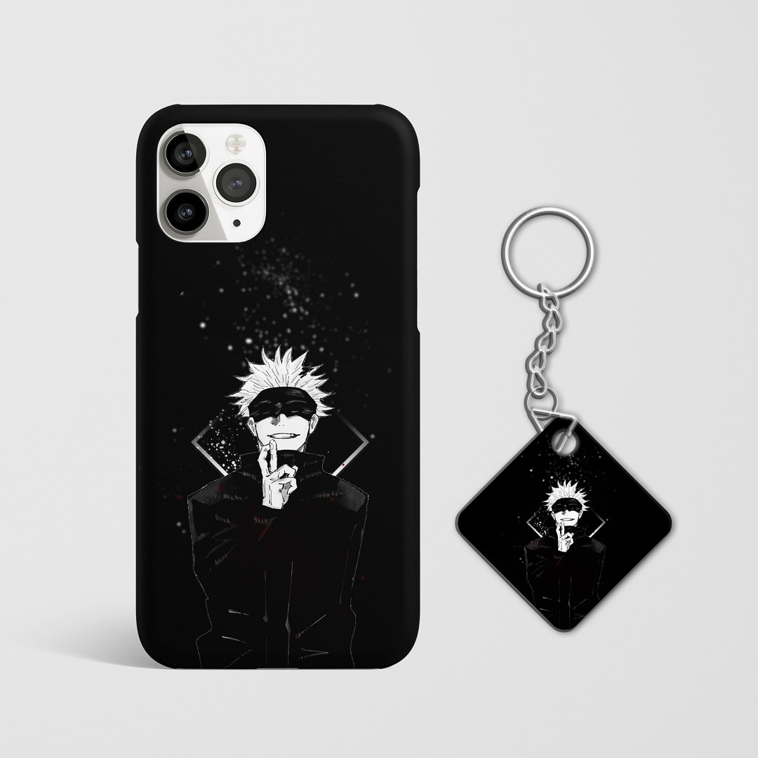 Close-up of Satoru Gojo's sleek black and white design on phone case with Keychain.