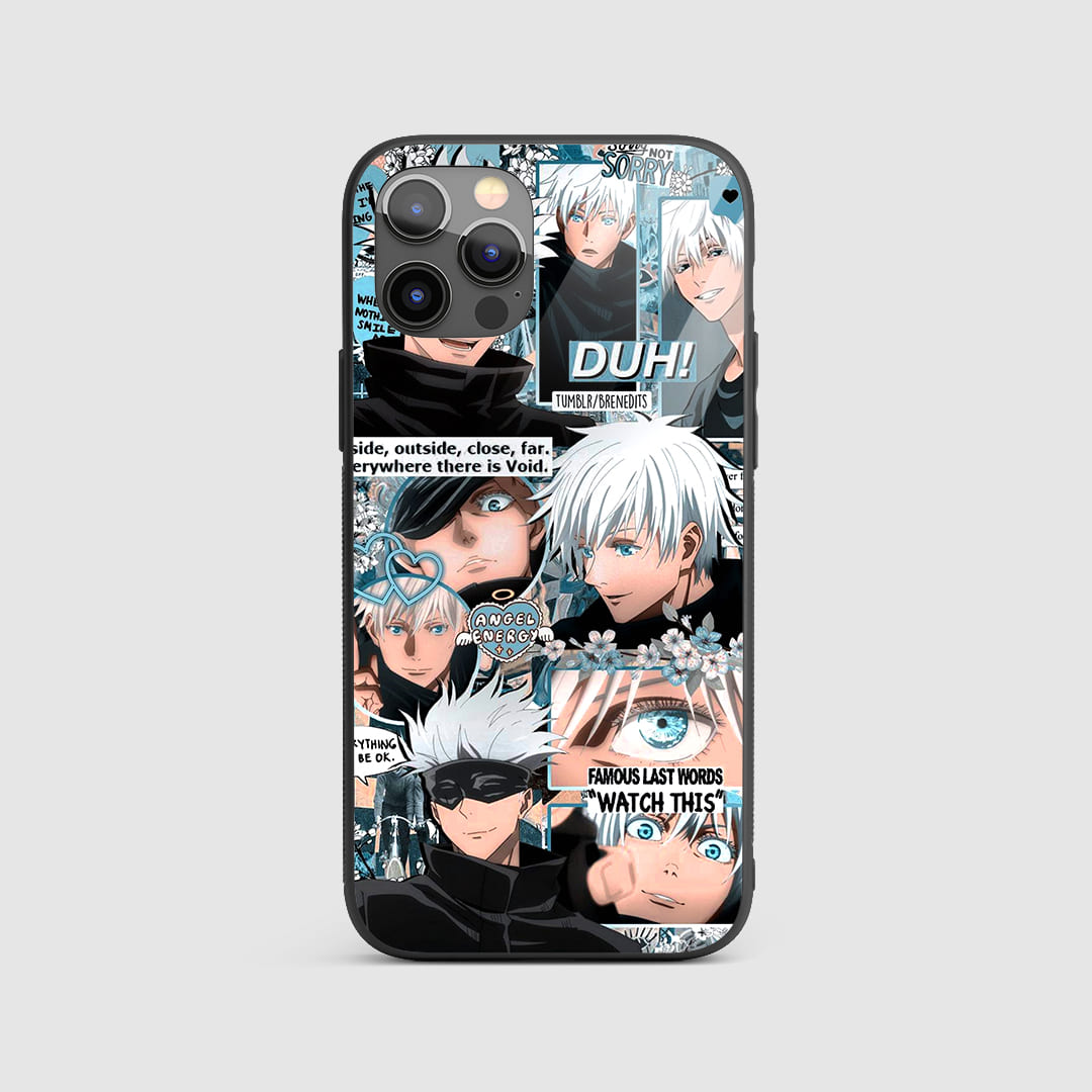 Satoru Collage Silicone Armored Phone Case showcasing various iconic moments of Satoru Gojo.