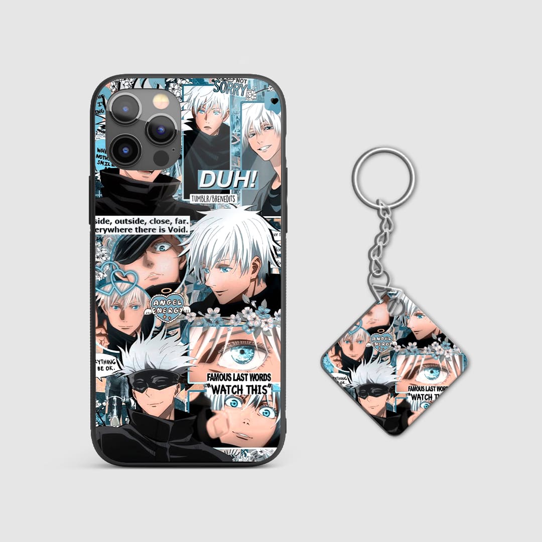 Dynamic collage of Satoru Gojo’s different expressions and battle scenes on the phone case with Keychain.