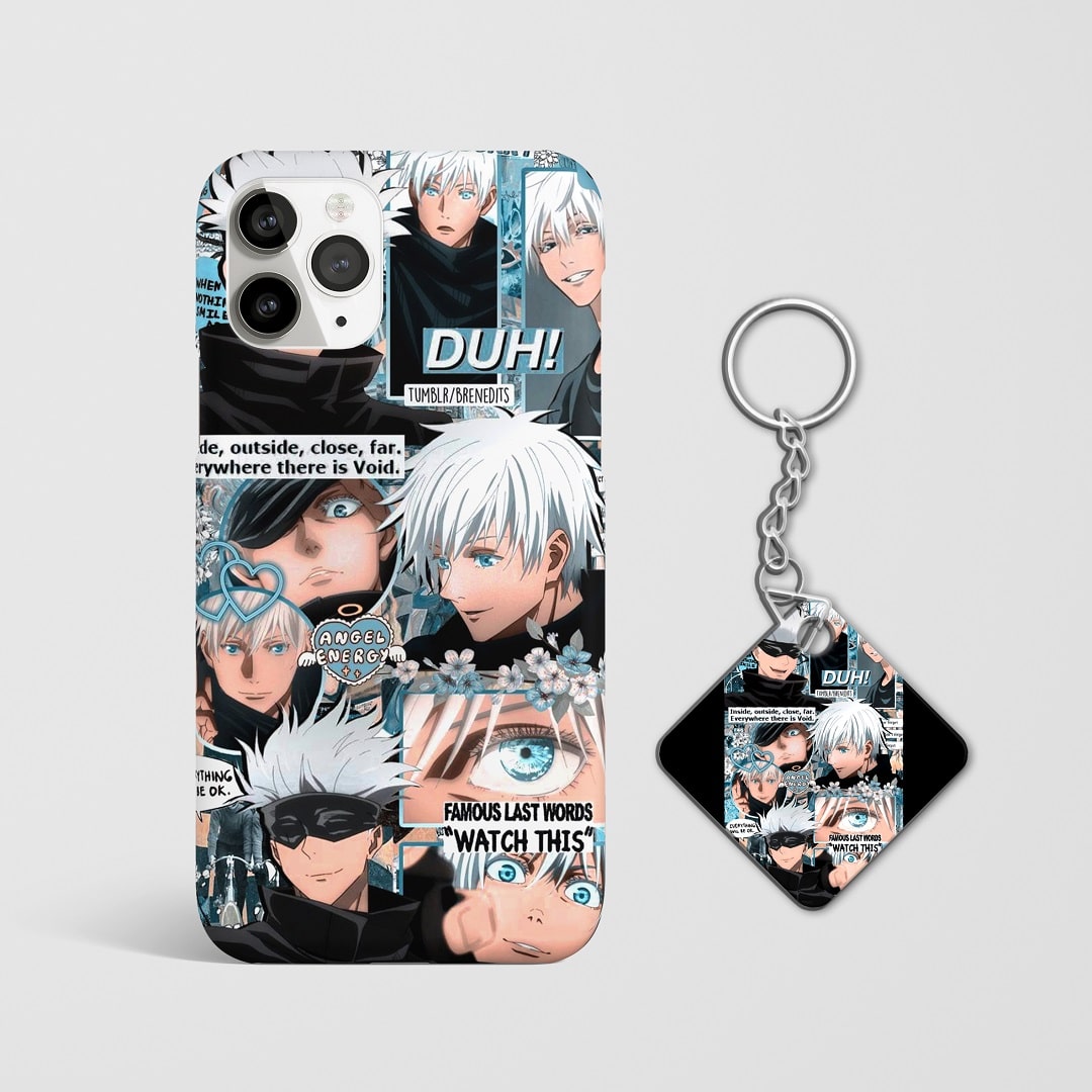 Close-up of Satoru Gojo's iconic expressions on phone case with Keychain.
