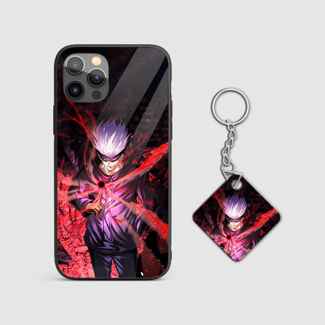 Intricate graphic of Satoru Gojo displaying his curse technique on the armored silicone phone case with Keychain.