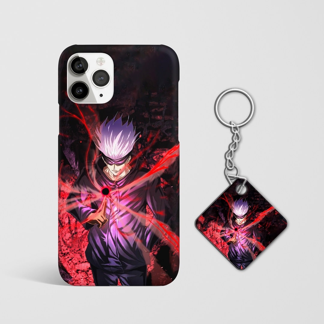 Close-up of dynamic Cursed Technique Red artwork on phone case with Keychain.