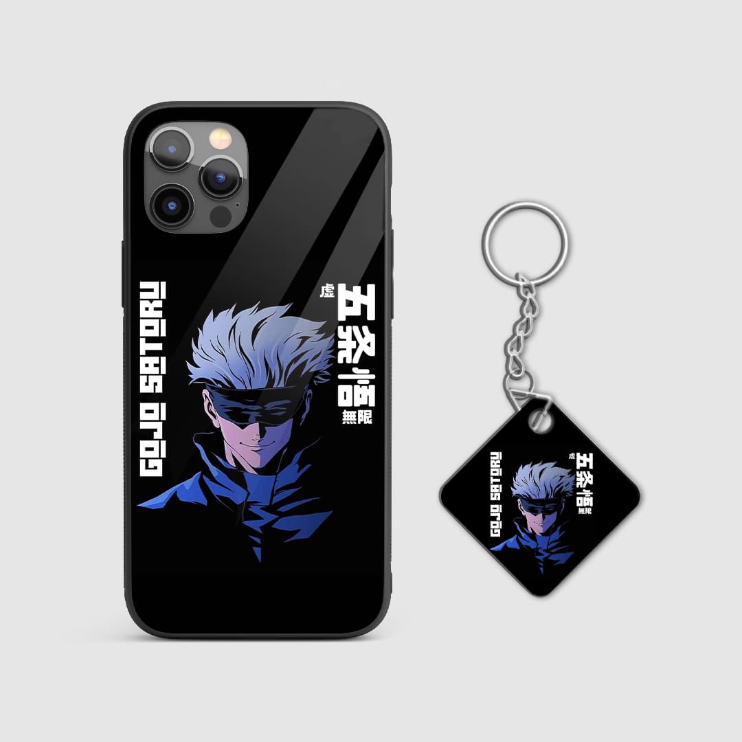 Elegant dark-themed depiction of Satoru Gojo on the armored silicone phone case with Keychain.