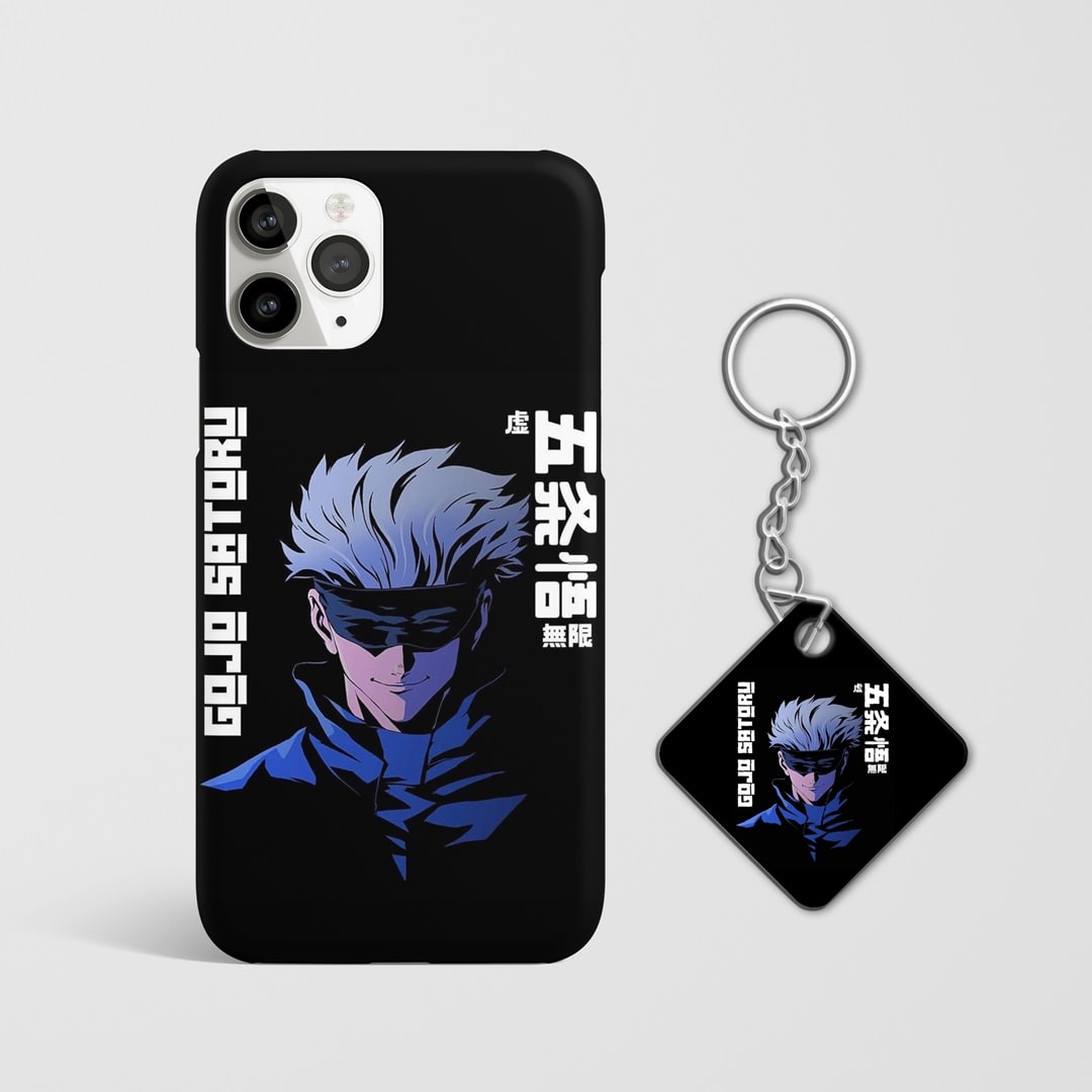 Close-up of Satoru Gojo's intense expression on phone case with Keychain.