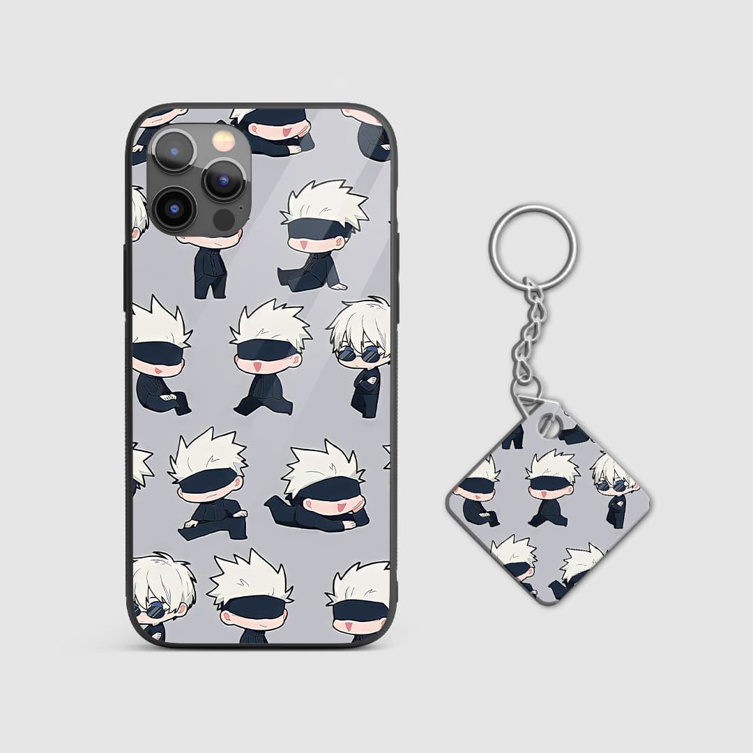 Colorful and playful illustration of Satoru Gojo in funko pop art style on the silicone phone case with Keychain.