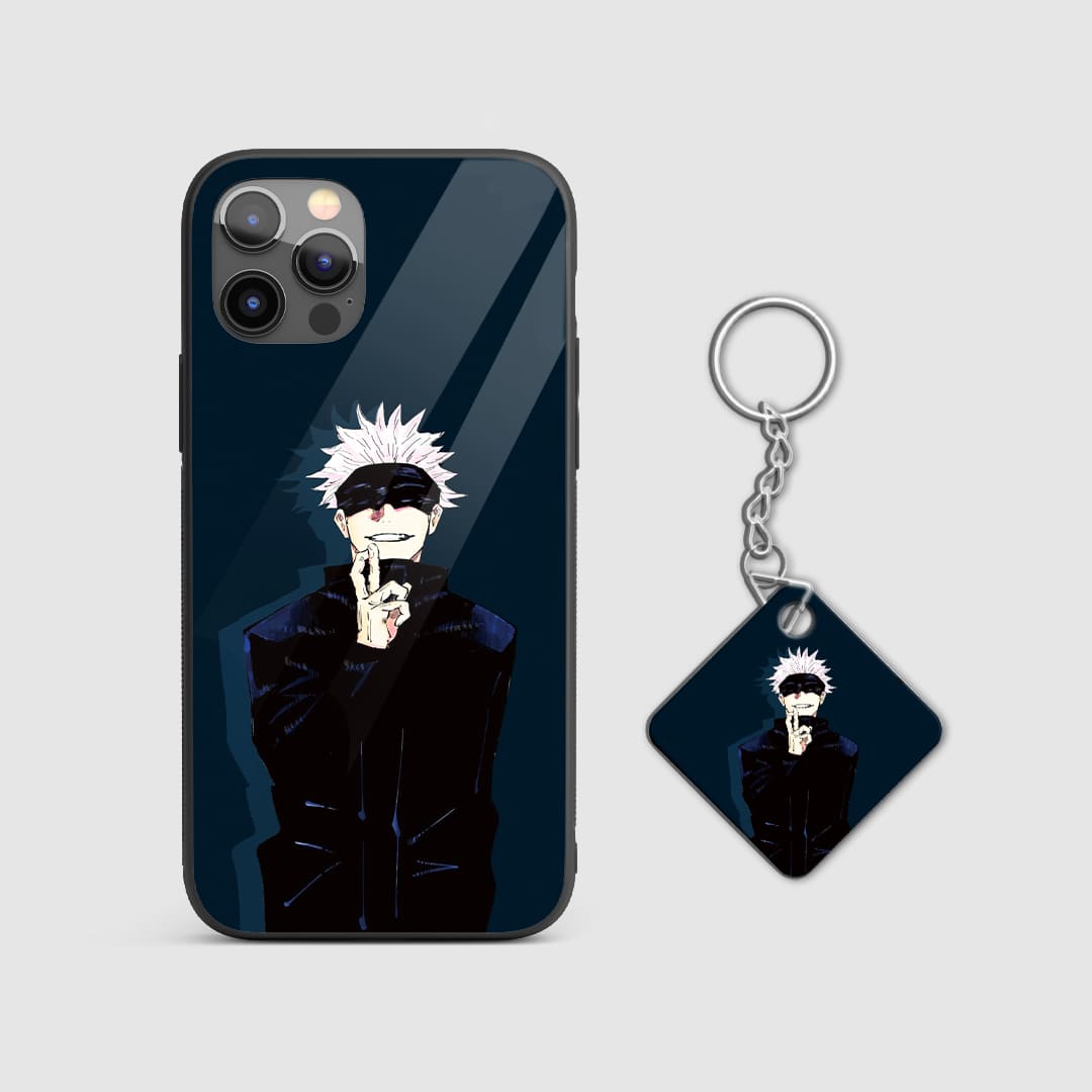 Artistic depiction of Satoru Gojo's calm and powerful aura on the silicone armored phone case with Keychain.
