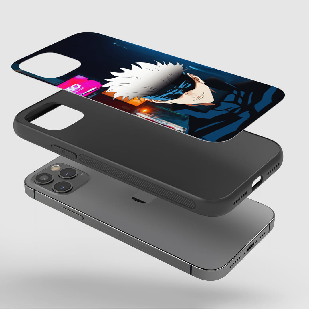 Satoru Gojo Graphic Phone Case installed on a smartphone, providing easy access to all functions and ports.